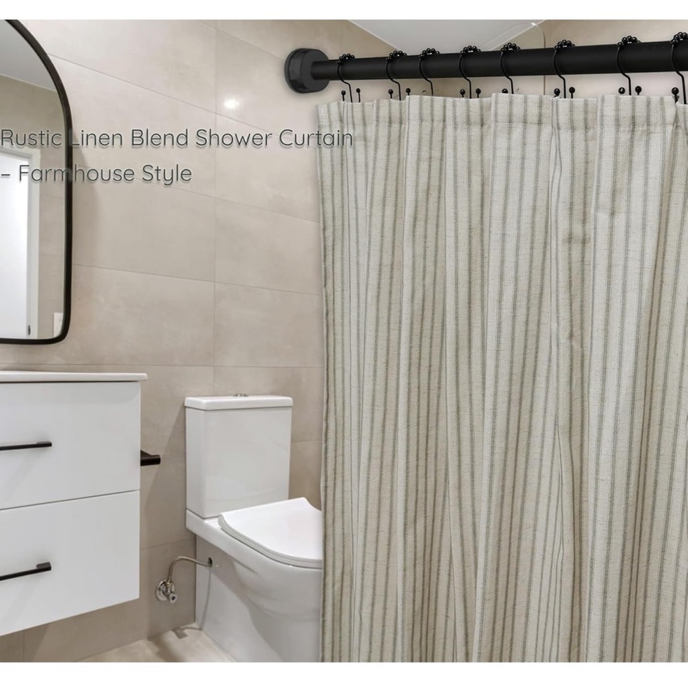 Farmhouse Striped Shower Curtain - 72x72 Inches, Linen Blend Fabric Sage Green - Picture 2 of 7